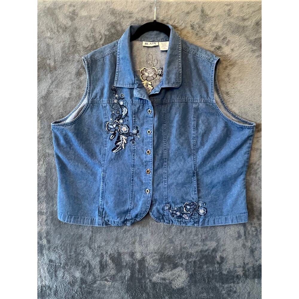 Blair BlueJean vest embroidered floral leaf women 3XL. Grandma cottage western